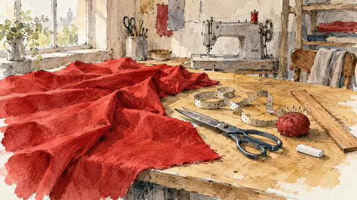 A length of plain red cotton cloth lies on a cutting table beside tailor shears, a tape measure, a pincushion, a ruler and a sewing machine in ink and watercolor.