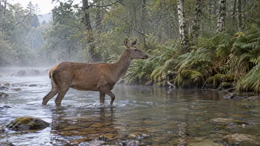 A red deer hind wades carefully through a shallow clear stream crossing at the edge of a woodland with water to her knees and her head up and ears forward toward the far bank of ferns and birch trunks with mist over the water in soft morning side light.