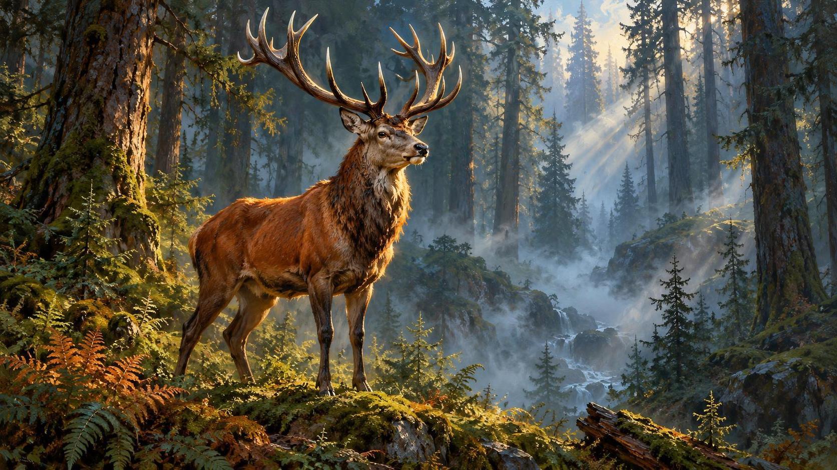 A majestic red deer stag with full antlers stands in a dark misty pine forest with shafts of pale light falling between the tree trunks.