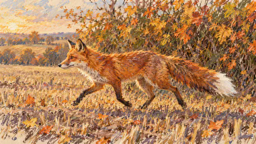 A red fox with a white tipped tail trots along an autumn field edge in front of an orange and yellow leafy hedgerow in oil pastel scumbles.
