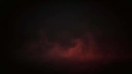 Cinematic 16:9 editorial photograph of low-density red gel-lit fog forming soft volumetric wisps against a near-black background, with calm negative space and a smooth vignette.