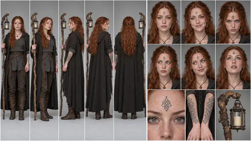 A copper red haired adult witch with a forehead knotwork mark, forearm tattoos, a hooded wool cloak and a lantern topped staff shown in five full body views, six expressions and three detail panels on grey.