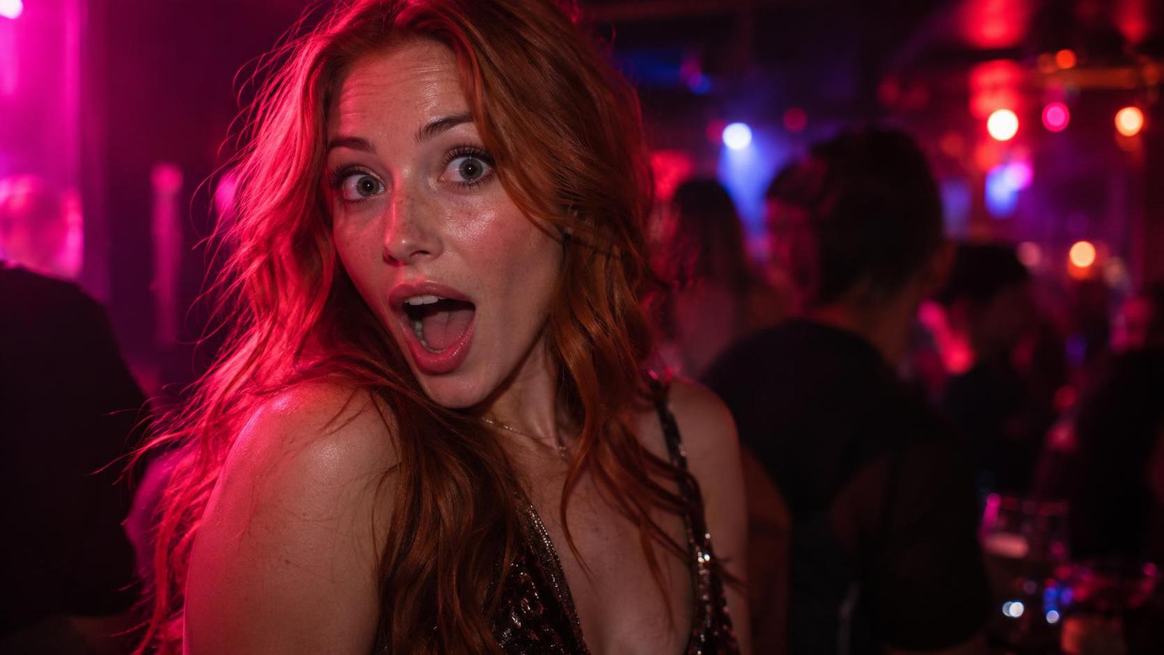 A red-haired woman with a shocked expression in front of party lights.
