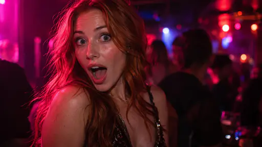 A red-haired woman with a shocked expression in front of party lights.