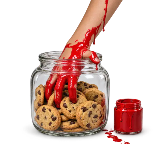 Caught red-handed: a thief's paint-reddened hand reaches down inside a clear glass cookie jar among chocolate-chip cookies, a small open pot of red paint beside the jar.