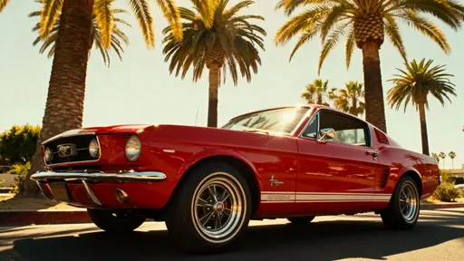 A classic red Mustang parked beneath swaying palm trees in a sunlit 16:9 cinematic 1980s California summer scene, chrome reflections gleaming and nostalgic realism in a low three-quarter view.
