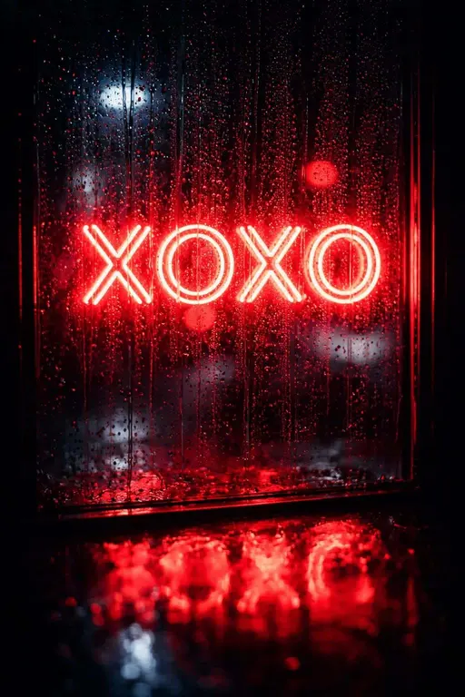 Vertical 2:3 cyberpunk night scene of a red 'XOXO' neon sign seen through fresh raindrops, streaked reflections and bokeh against near-black surroundings.