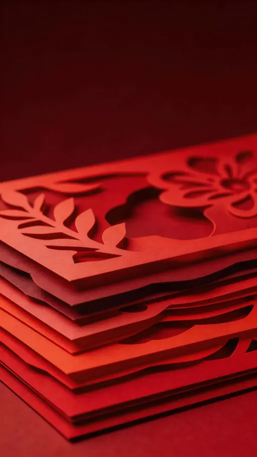 Vertical 9:16 paper-cut layered relief showing stacked red paper shapes with shallow depth and crisp contours, denser detail in the lower half and a clean, darker upper third, no text.