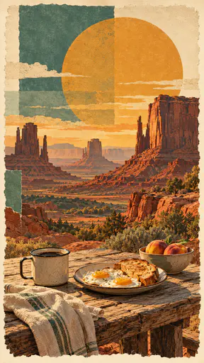 A tin mug of coffee, eggs, toast and peaches sit on a rough wooden table before red sandstone buttes and a large ochre sun disc in a heritage poster collage.