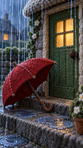 A red felt umbrella rests against the stone doorstep of a small felt cottage with a green door and an amber window while thread strands fall as rain.