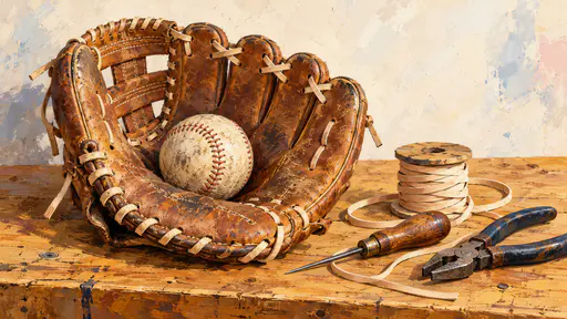 A worn tan baseball glove with fresh pale laces lies open on a honey colored workbench beside a spool of lace, an awl and pliers with a scuffed baseball in its pocket.