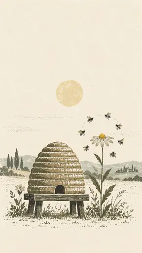 A coiled straw skep beehive on a wooden stand in a cream field, a tall daisy-like flower with a yellow centre beside it and seven charcoal bees circling it, a pale sun above.