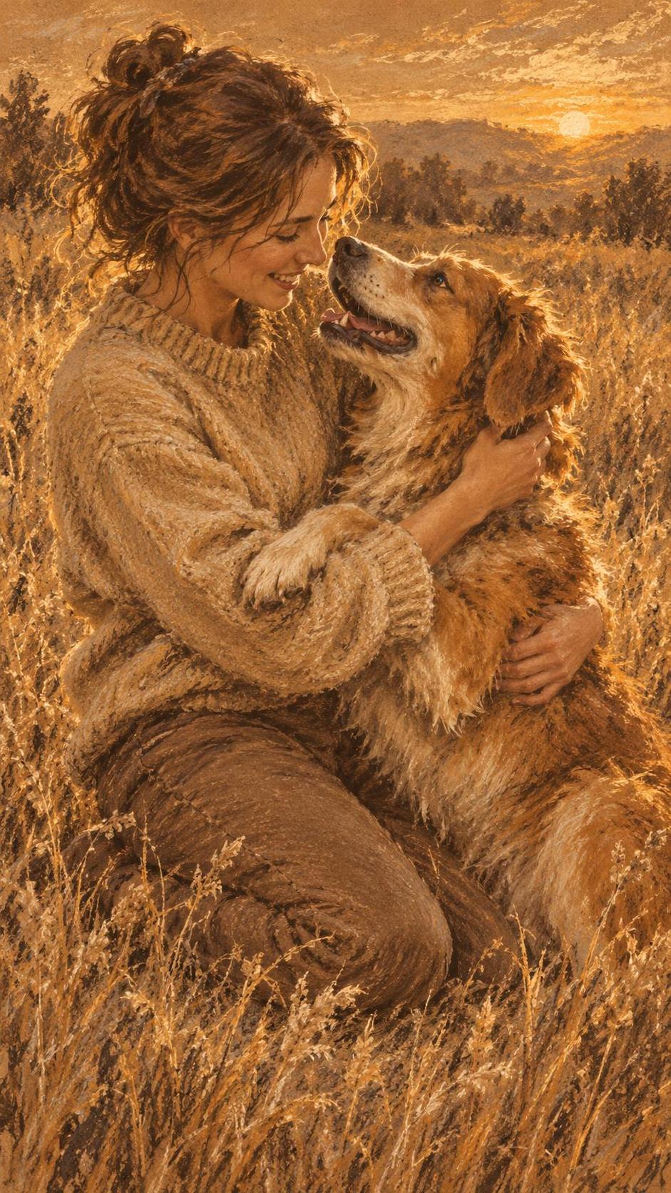 An adult woman in a warm sweater kneels to hug a happy rescue dog with floppy ears with both looking at each other with pure joy in soft golden hour light.