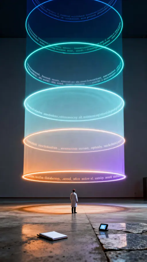 A researcher stands within a narrow vertical space as glowing concentric circles rise from the floor like water ripples, each luminous ring carrying fragmented, legible text that hints at discovery and data in motion.