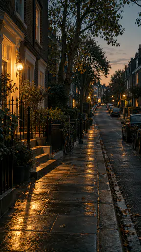 A quiet residential street at dusk with terraced brick houses, iron railings, trees along the kerb, lit windows and a warm porch lamp.