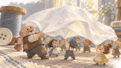 A crowd of thumb-sized residents hold the edges of a giant white handkerchief drifting down like slow weather and laugh as it billows overhead beside a giant wooden spool and a button, a stocky bald man with a goatee pulling one corner with a grin in afternoon window light.