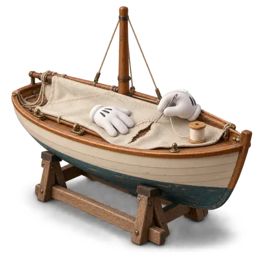 A small wooden sailboat rests motionless in a dry-dock cradle, sail lowered and spread on the deck, while two white cartoon gloves sew neat new stitches into a clear tear in the canvas — rest repairs the sails: pausing restores the capacity to continue.