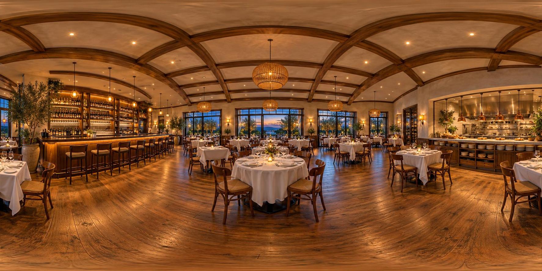 A full 360 degree equirectangular panorama from the centre of a restaurant dining room with tables and chairs, a wooden bar with stools, an open kitchen pass and warm pendant lights with evening window light.