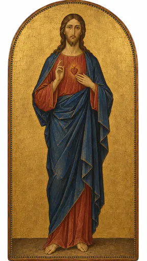 A standing figure in a muted red robe and deep blue cloak with one hand raised and a small plain flaming heart on the chest stands on a burnished gold ground in tempera.