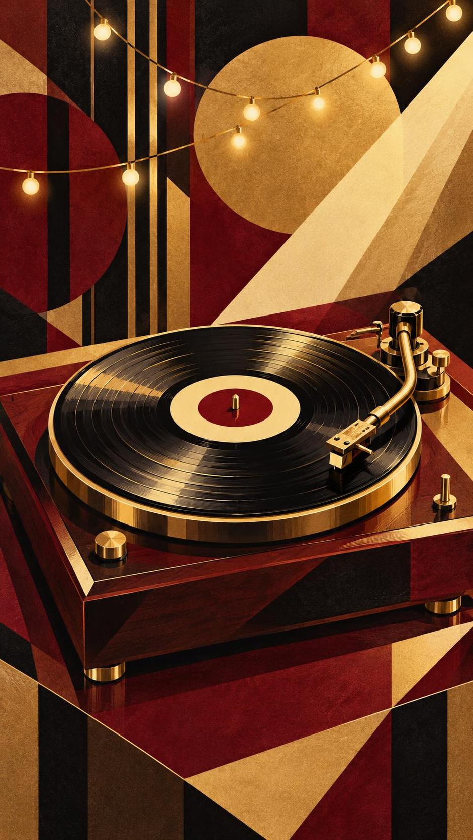 A vintage vinyl record player with a spinning black record, brass tonearm and wooden base sits before warm string lights glowing softly in the background.