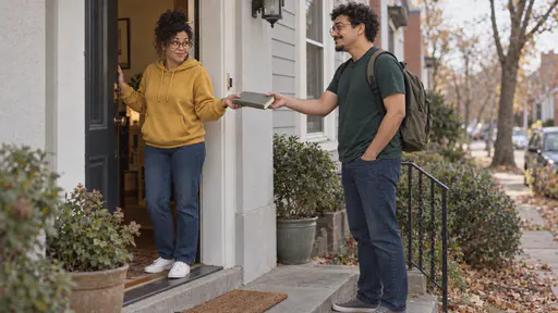 A tall man with round glasses and a chin beard in a green t-shirt hands a well-thumbed hardback book with a plain cover back with a rueful smile to a woman with round tortoiseshell glasses and a curly black bun in a mustard hoodie who holds her front door open on a doorstep.