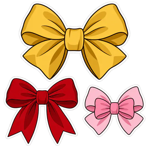 Three flat cartoon bow stickers with white outlines on a transparent background: a large gold satin bow, a red velvet bow with trailing ribbon ends and a pastel pink double bow.