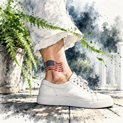 Adult ankle with a small ribbon flag tattoo above a white sneaker, resting on a porch board by a fern.