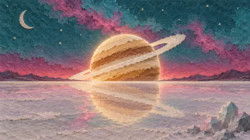 A pressed paper pulp relief of a cream and ochre banded planet with a diagonal ring rising at the horizon of a salt flat that mirrors it, a teal and magenta nebula sky with a crescent moon and small stars, distant purple mountains and pale crystals at the lower right.