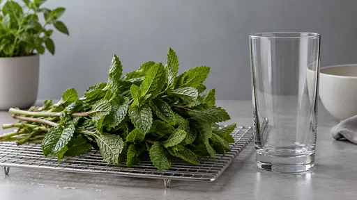 A bundle of fresh mint sprigs with water droplets rests on a plain draining rack beside a tall empty plain glass on a kitchen counter.