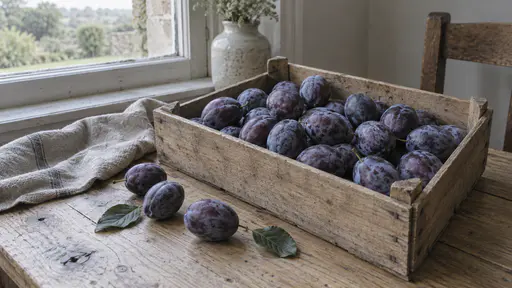 A shallow wooden crate of ripe dark violet plums with a pale bloom on their skins stands on a scrubbed pine table beside a window with a few loose plums and two green leaves in soft early light.