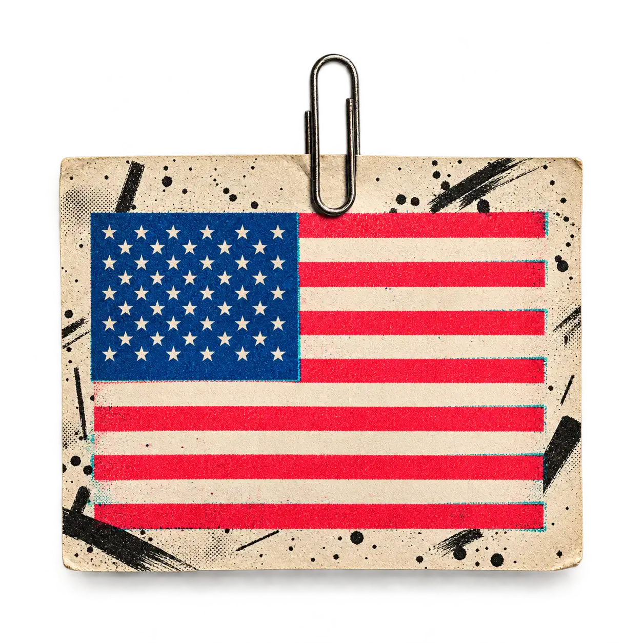 Risograph print of a flag with misregistered stripes in pink red and teal over blue. Thirteen stripes and a starry canton print neat.