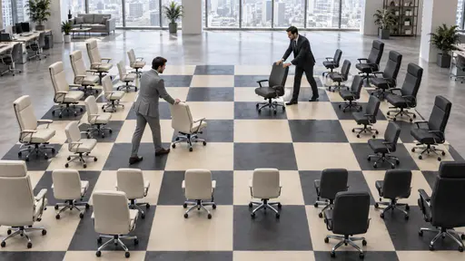 Office politics: high-angle office interior with a large checkered chessboard built into the floor; light and dark ergonomic chairs stand as rival pieces while two suited workers each move a chair.