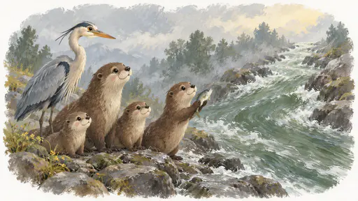 A family of otters and a heron stand in a row on the bank of an uphill-flowing green river watching the water flow up the slope past them, one otter holding a small fish toward the current, in soft cloudy light.