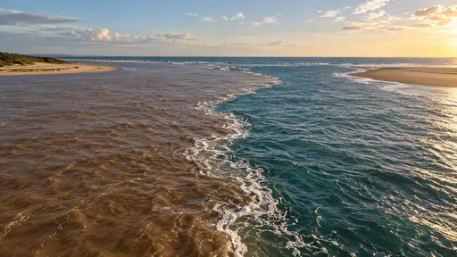 A brown river current meets blue-green sea along a clear curved colour seam with a thin line of pale foam at an estuary mouth with sandbanks either side under low sun.