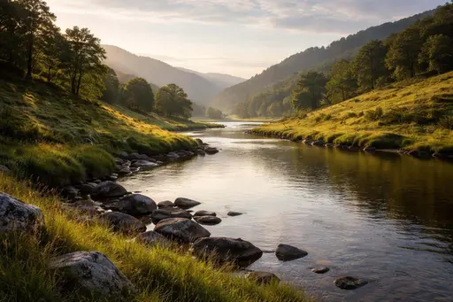 A calm river winding through a lush green valley, captured as a landscape photograph composed for a 3:2 aspect wallpaper with tranquil, natural lighting and soft textures.