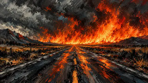 A road stretching into flames under a stormy sky.