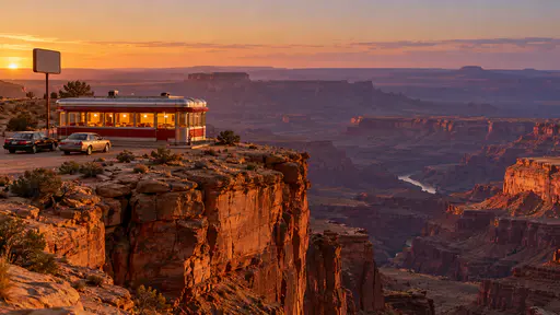 A small chrome and red roadside diner with glowing windows stands on a narrow sandstone ledge at the rim of a vast canyon at dusk with two parked sedans beside it in a colour slide film photograph.