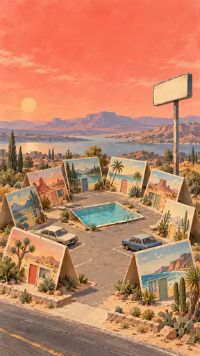 A small roadside motel is made of eight oversized folded postcards leaning together as rooms around a parking lot with a folded blue card pool and two parked sedans in sun faded gouache.