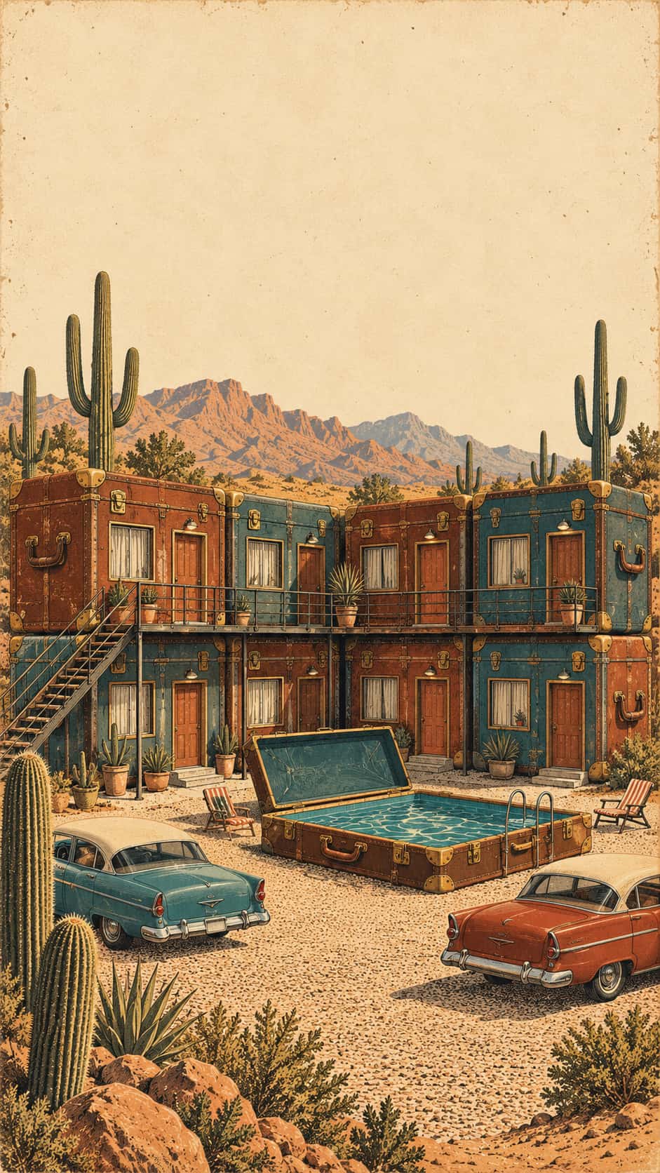 A roadside motel is built from nine oversized travel trunks stacked in two storeys around a gravel courtyard with two parked vintage cars and saguaros in a terracotta and teal vintage travel poster style.
