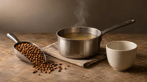 A metal scoop of roasted barley grains rests beside a small plain pan of barley water with one thin curl of steam and an empty plain cup.