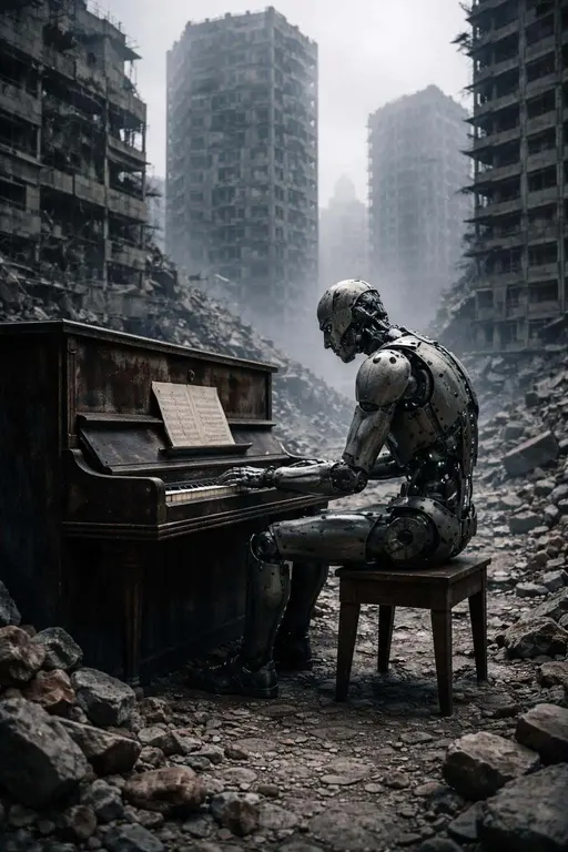 Photoreal 3D-render of a lone humanoid robot playing an upright piano amid a ruined cityscape, framed for a 2:3 portrait aspect ratio with cinematic light and rubble foreground.
