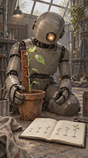 Gouache illustration of a weathered grey repair-shop robot seated on a workshop floor behind a small potted plant whose thin stem is splinted by an oxide red metal panel with bolt holes; one gripper cups the terracotta pot rim, the other rests open on its knee, and an open notebook of seedling sketches lies in front.