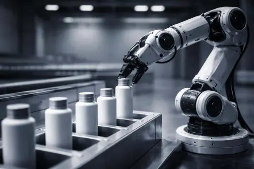 A 3D industrial visualization of a robotic arm placing products into precise slots within a 3:2 layout, designed as a polished poster-cover for technical presentation.