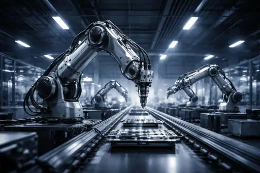 Industrial photography of a modern factory floor with multiple robotic arms in precise motion, crisp low-angle composition and controlled lighting for a poster-cover or editorial image.