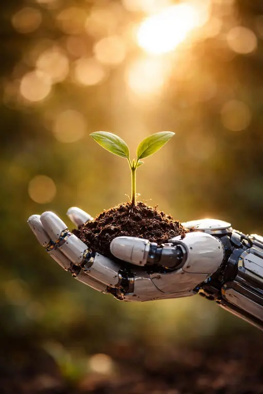 Close-up macro photograph of a robotic hand gently holding a small seedling with soil, shot for poster use with shallow depth, warm backlight and strong bokeh.