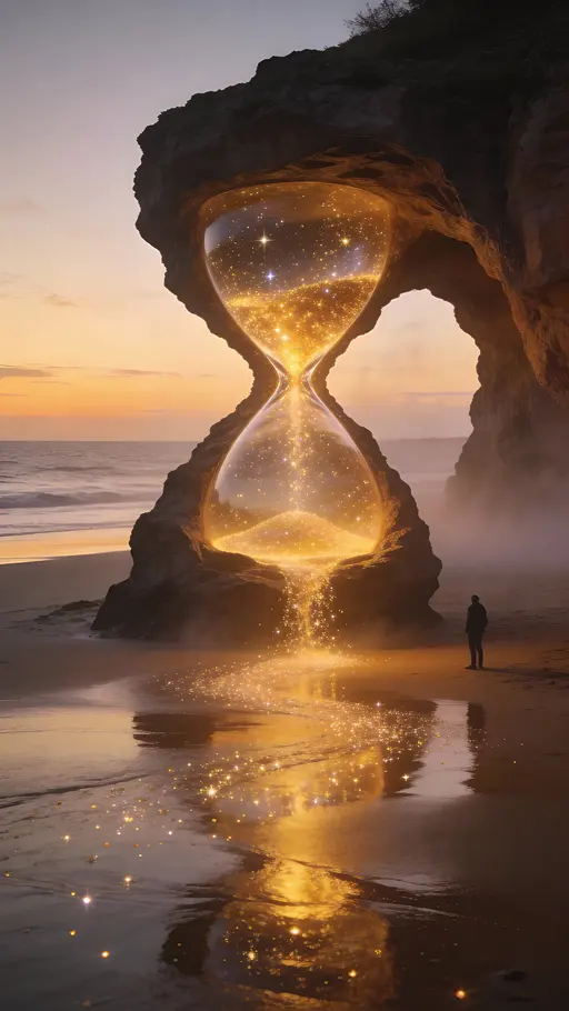 A cinematic surreal dusk scene of a massive hourglass-shaped rock arch pouring glowing golden stardust between chambers onto wet reflective sand by a calm ocean horizon, with a lone human for scale.