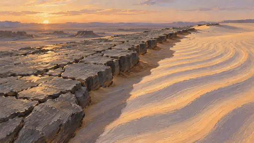 A cracked grey rock shelf meets a pale rippled sand dune along a diagonal line, painted as long undulating colour bands in raking dawn light.