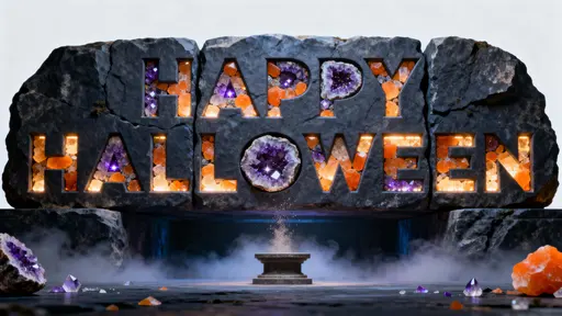 Full-frame 16:9 scene of monumental rock slabs carved with "HAPPY HALLOWEEN" and inlaid with amethyst and orange calcite geodes, glowing subtly in cool, opulent foggy light.