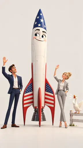 Cartoon rocket wearing a blue starry nose cone and stripe fins with engineers waving off. Thirteen stripes and a neat canton dream skyward.