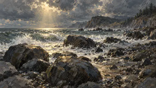 A rocky beach with large dark boulders, white surf and wet pebbles beneath heavy clouds with one shaft of sun on the foam, painted in overlapping facets.